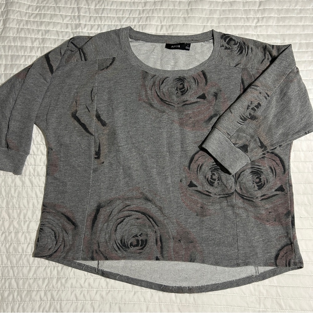 Apt 9 Sweatshirt Rose Floral Top Women’s Large Gray Relaxed Fit Shirt
